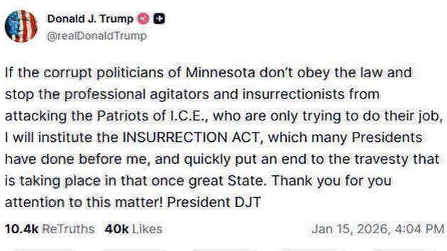 Trump minaccia legge su ribellione nel Minnesota