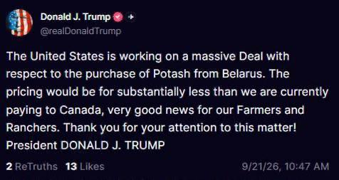 Trump says US is working on major deal to buy potash fertilizers from Belarus