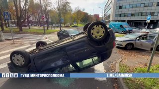 Renault overturned after collision with Volkswagen at Tarkhanova and Griboedova intersection in Minsk