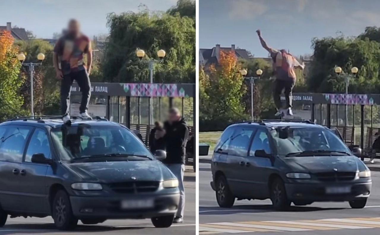 In Baranavichy, man jumps onto car in middle of road