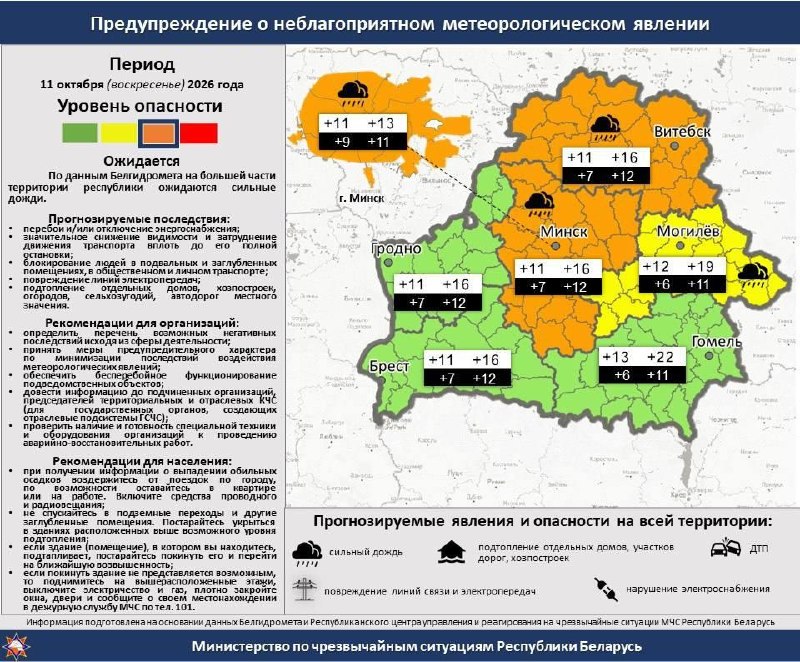 Orange danger level declared for October 11 due to heavy rain