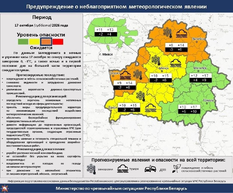 Orange fog warning issued for Belarus on October 17