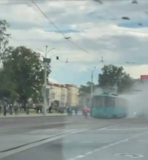 Tram catches smoke on Yakuba Kolasa Street in Minsk