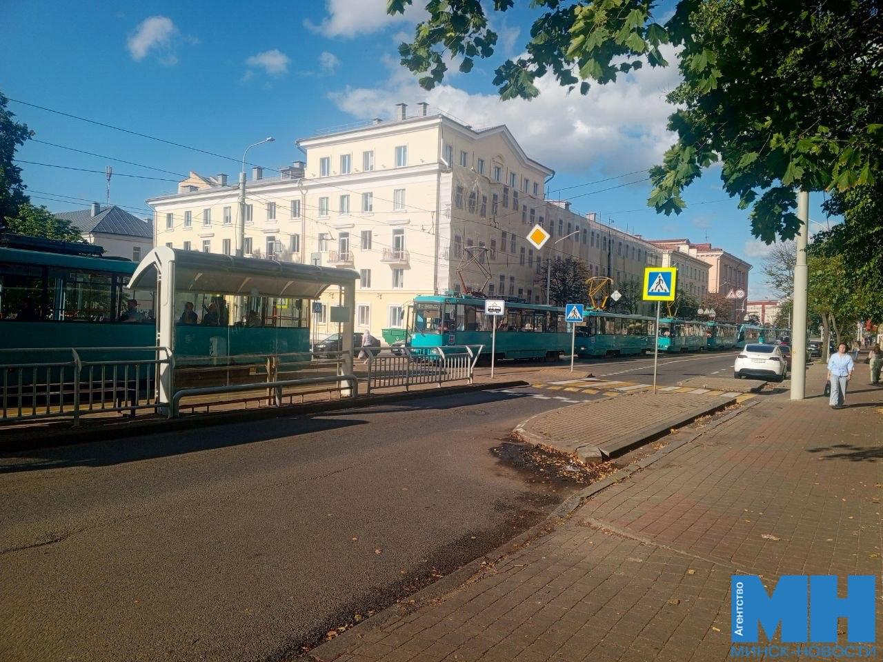 Tram traffic stopped on Krasnaya Street in Minsk toward Mashерova Avenue