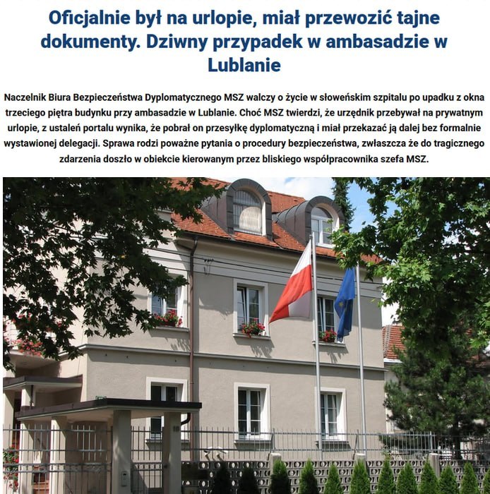 Polish diplomat fell from window at embassy in Slovenia