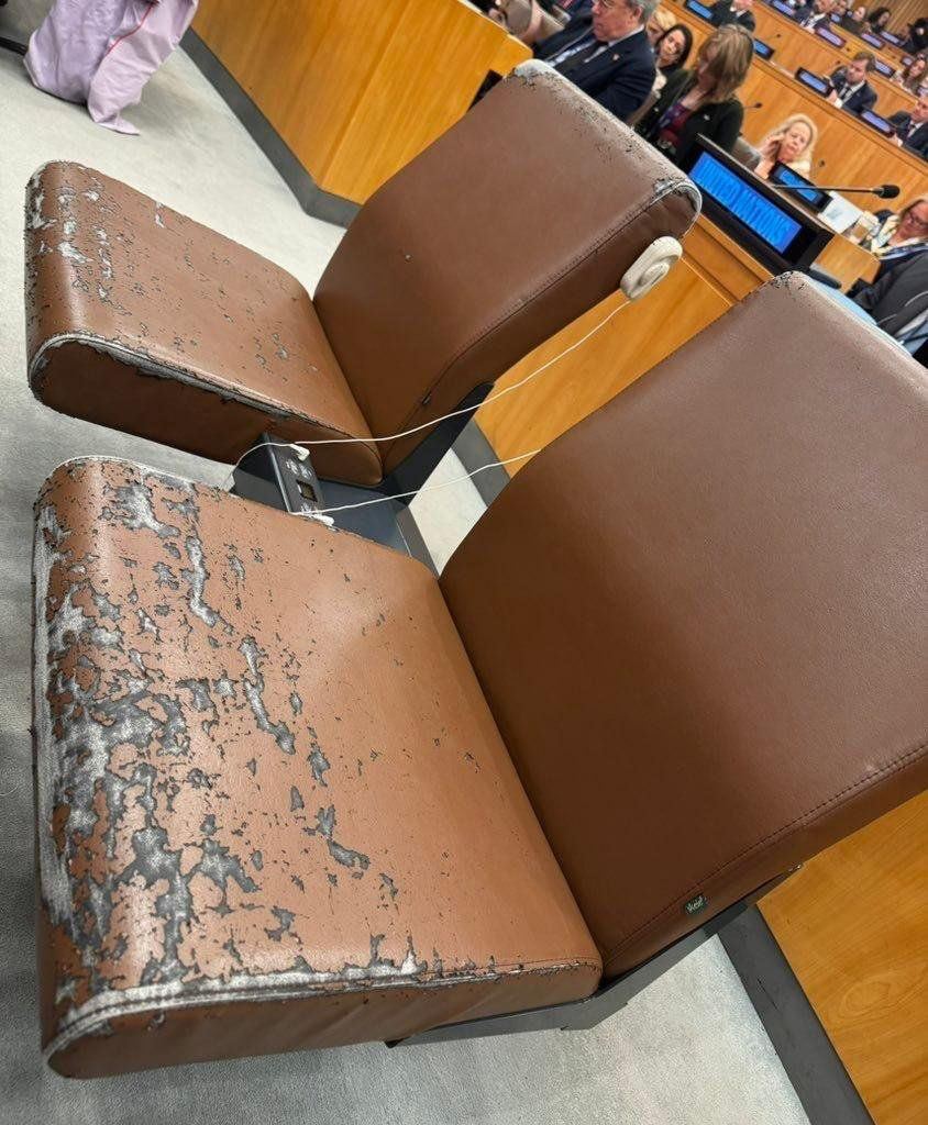 Chairs at UN headquarters in New York look run-down, symbolizing the organization's decline
