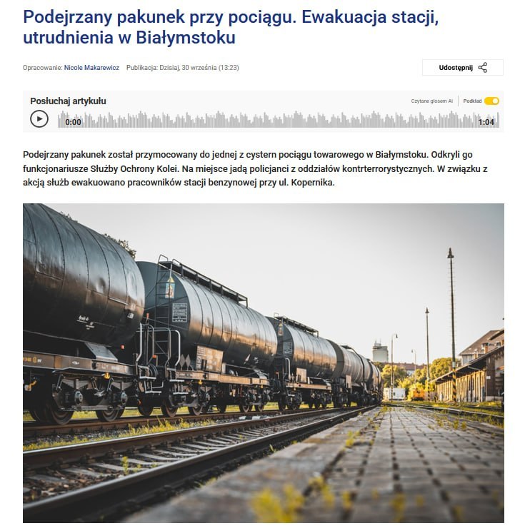 Suspicious package attached to tanker of freight train in Poland
