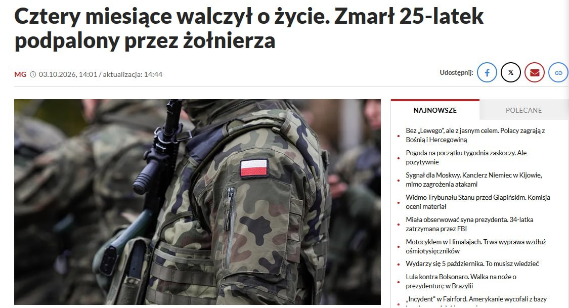 Man set on fire by drunk Polish soldier dies in hospital