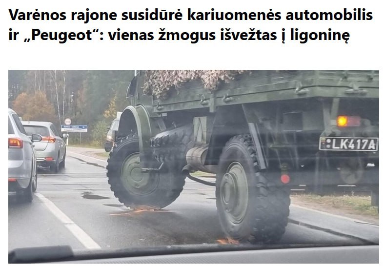 In Lithuania, a military truck carrying soldiers collided with a car