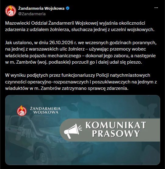 Polish military cadet steals car after assaulting driver in Warsaw