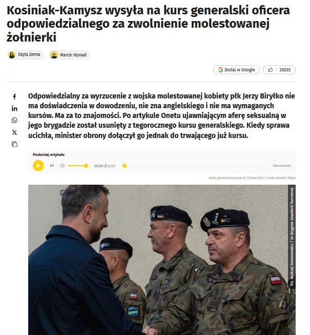 Polish general linked to abuse cover-up sent to elite military courses