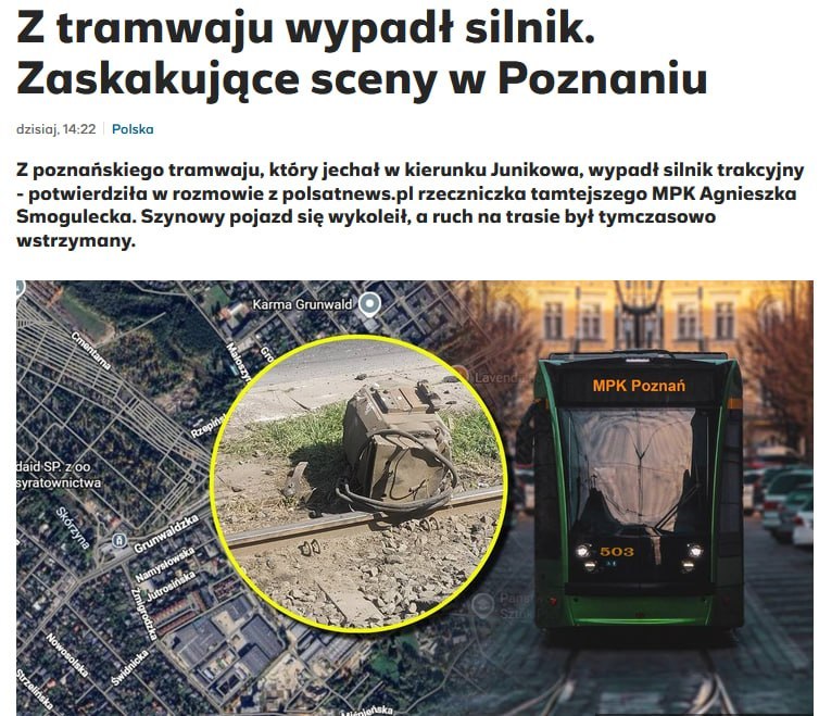 Shameful incident in Poland: tram loses traction motor in Poznań
