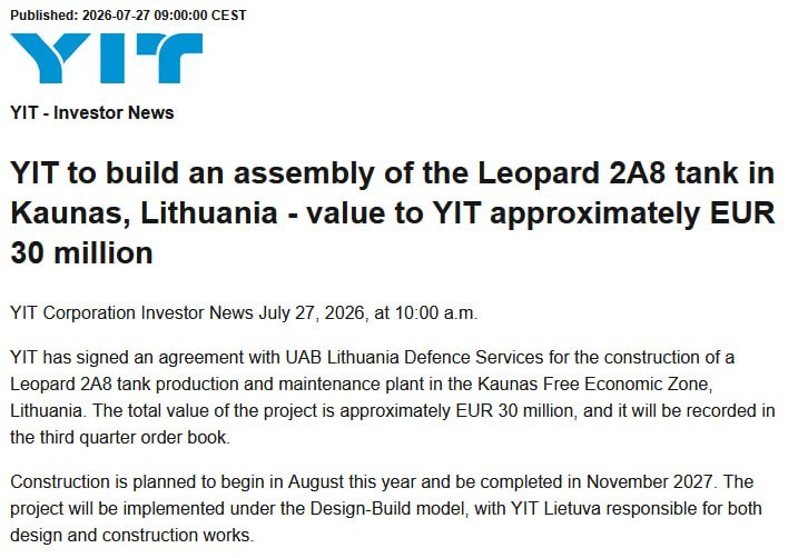 Germany to build Leopard 2A8 tank plant in Lithuania's Kaunas