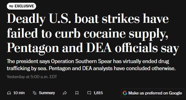 Washington Post: Trump-initiated strikes on alleged drug ships failed to reduce cocaine flow to US