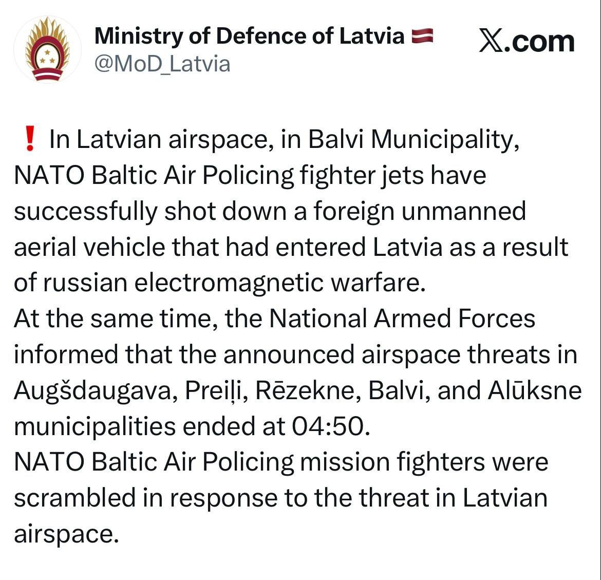 Un drone ukrainien entre la nuit en Lettonie
