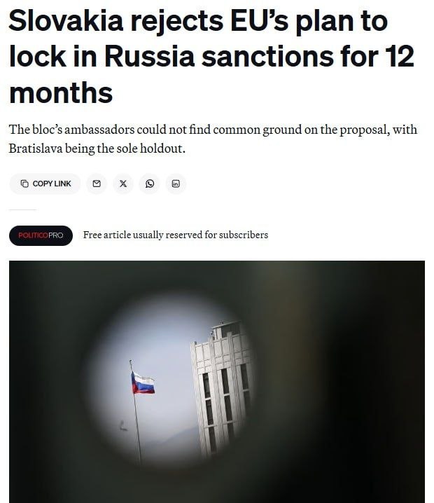 Slovakia blocks EU proposal to extend sanctions against Russia for a year