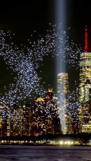 2,977 drones form Twin Towers silhouette over New York Harbor