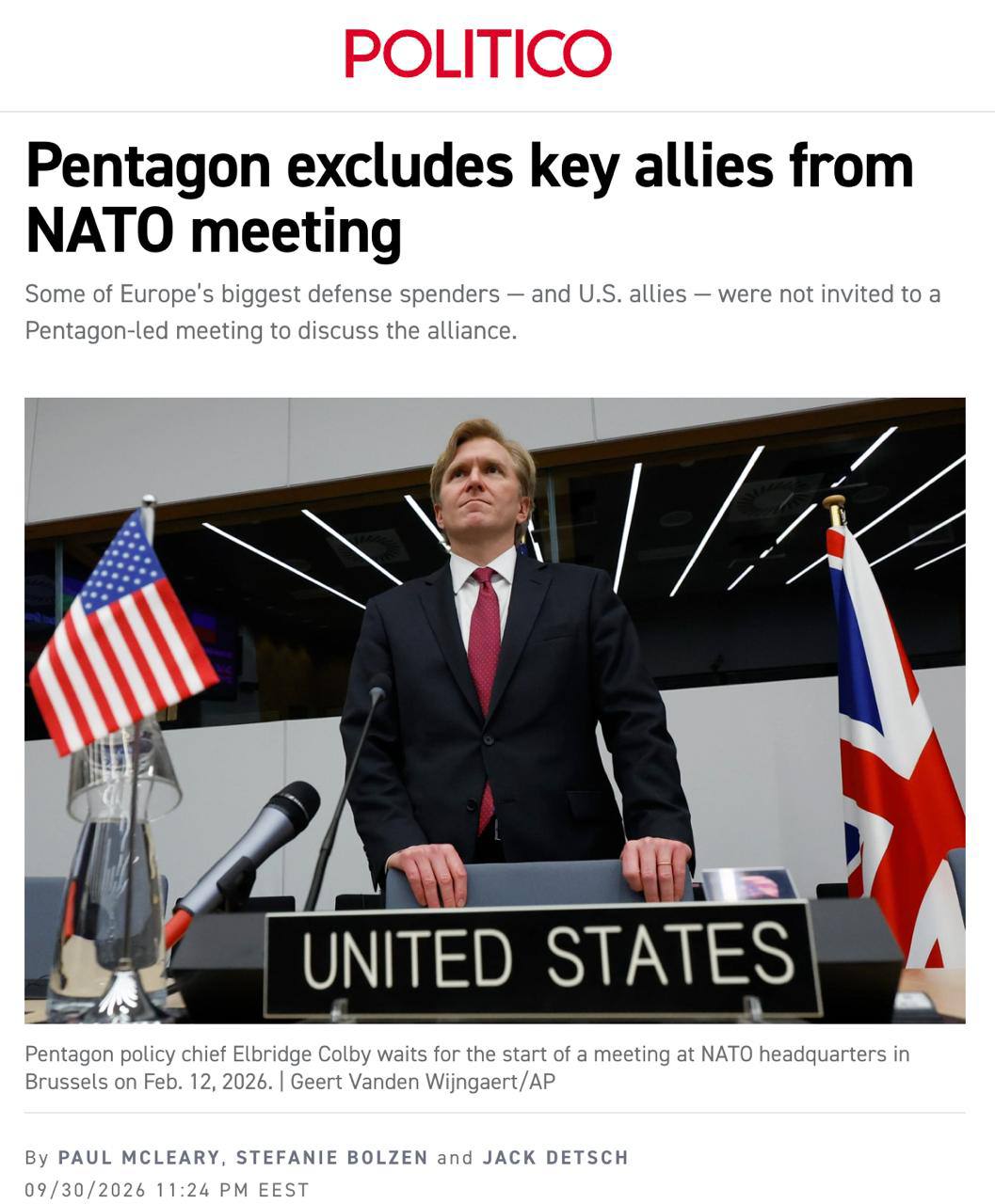 Trump excludes UK, France and Baltic states from NATO meeting, Politico reports