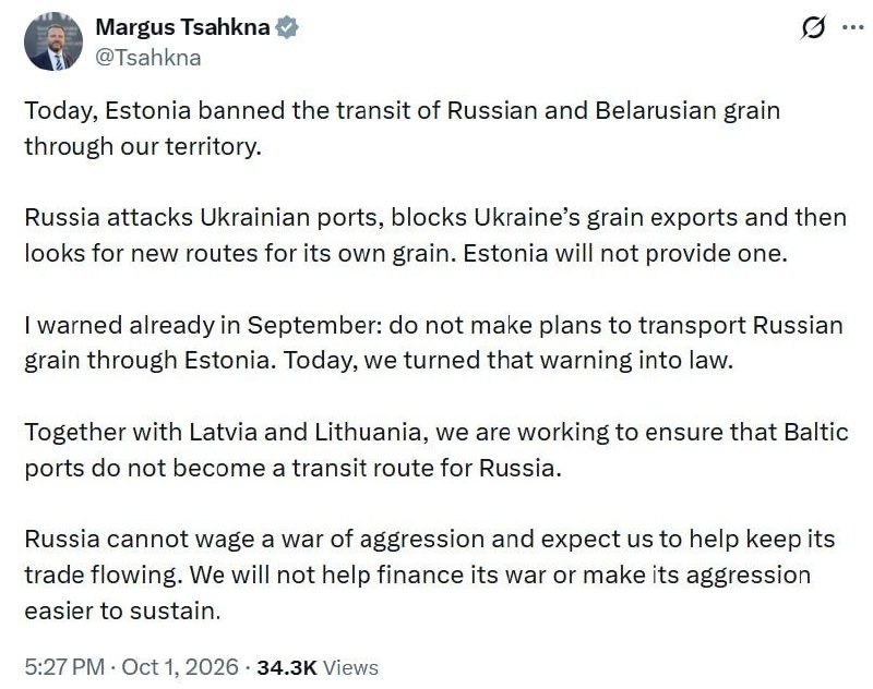 Estonia bans transit of grain from Russia and Belarus through its territory