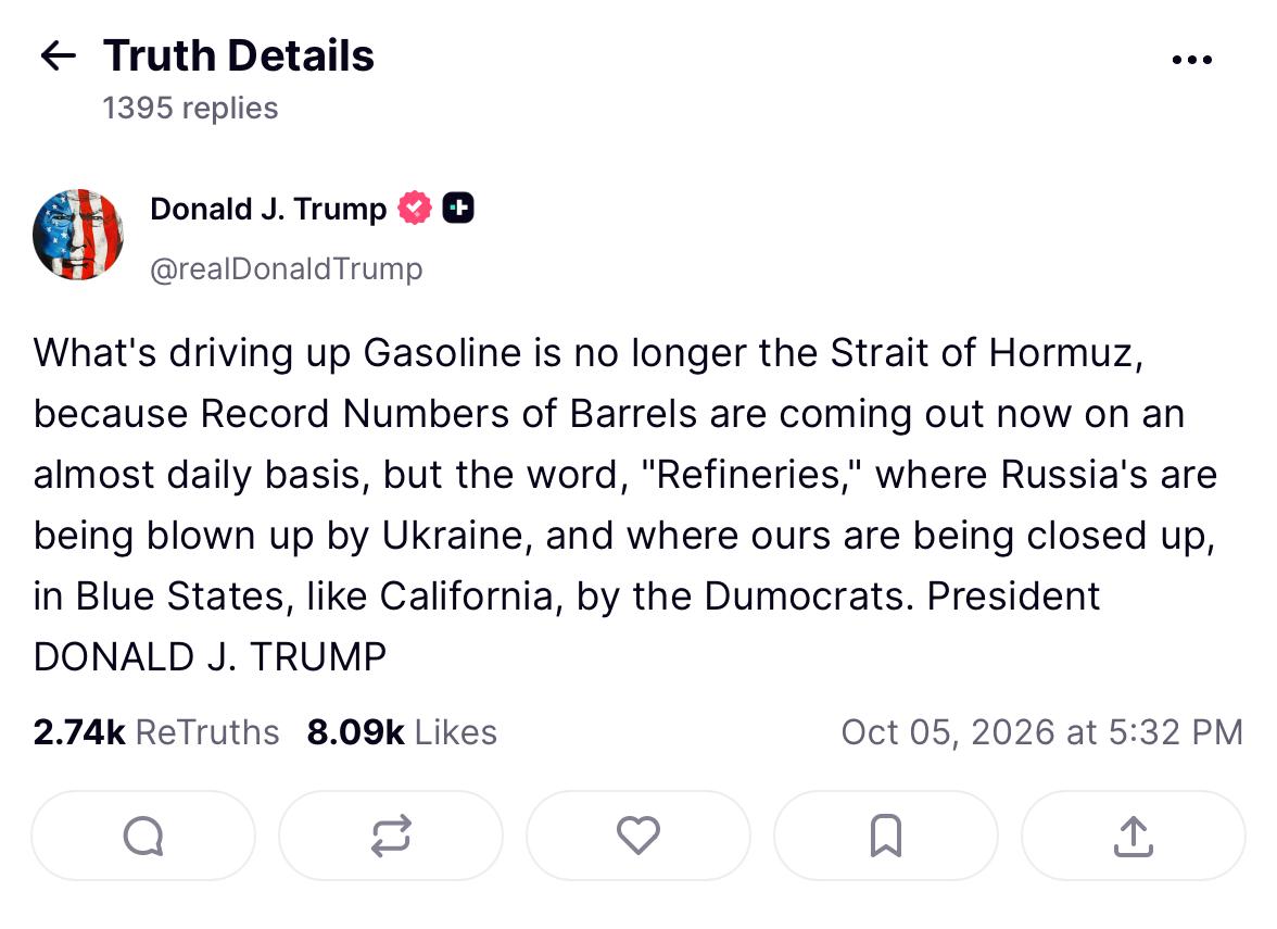 Trump Blames Ukraine for Global Gas Price Surge Over Attacks on Russian Refineries
