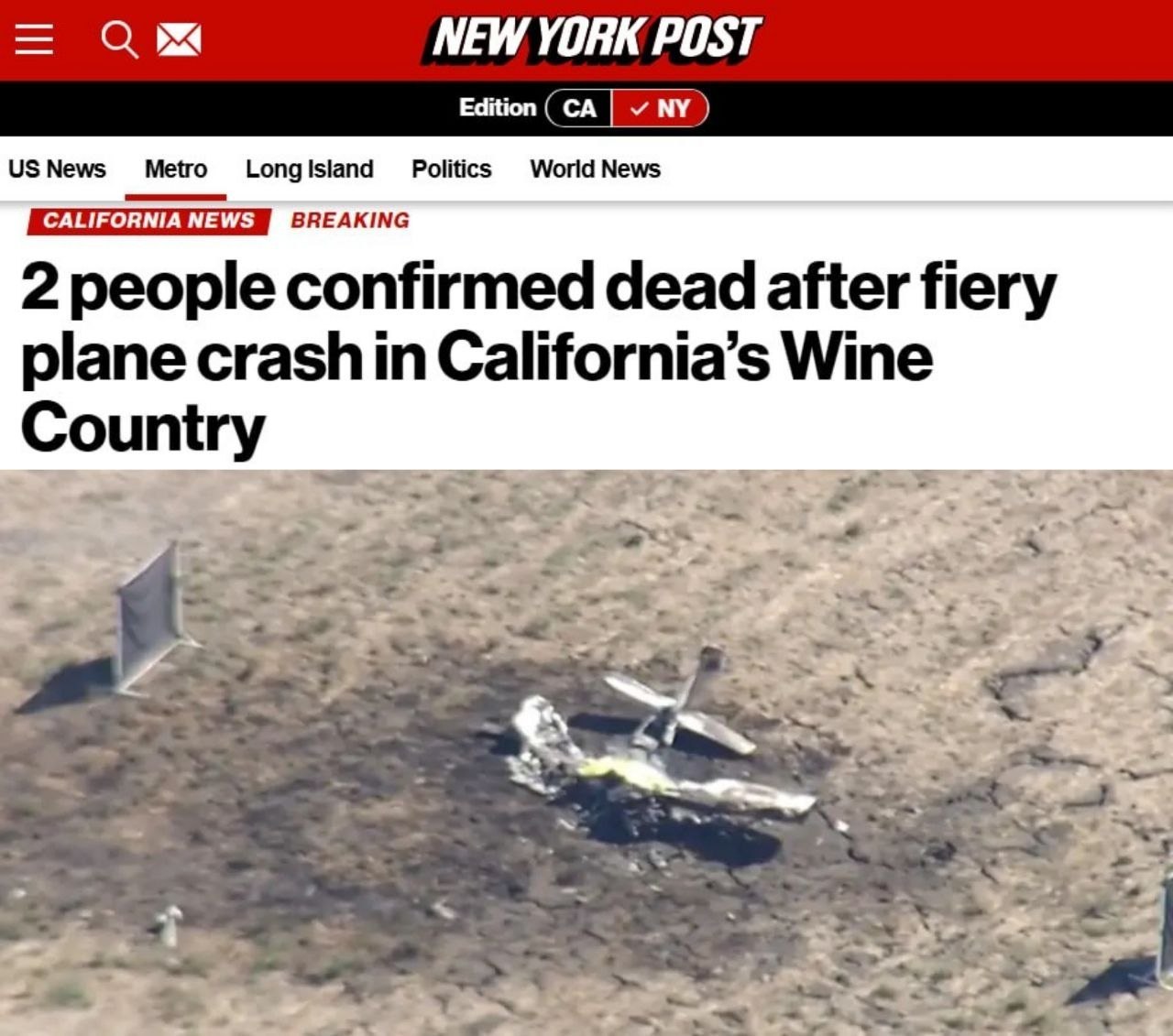 Two killed in small plane crash in California, says New York Post