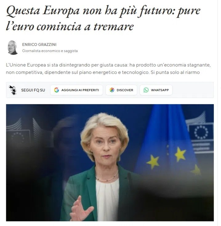 IL Fatto Quotidiano: EU Has No Future in Current State, Euro at Risk of Collapse