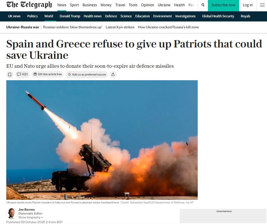 Spain and Greece refuse to hand over aging Patriot missiles to Ukraine — The Daily Telegraph