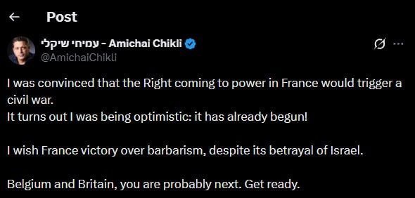 Israeli minister: Civil war has begun in France, will spread to Europe