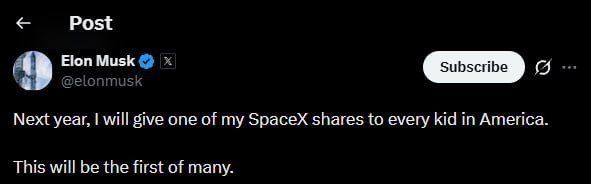 马斯克承诺向每个美国儿童赠送一股SpaceX股票