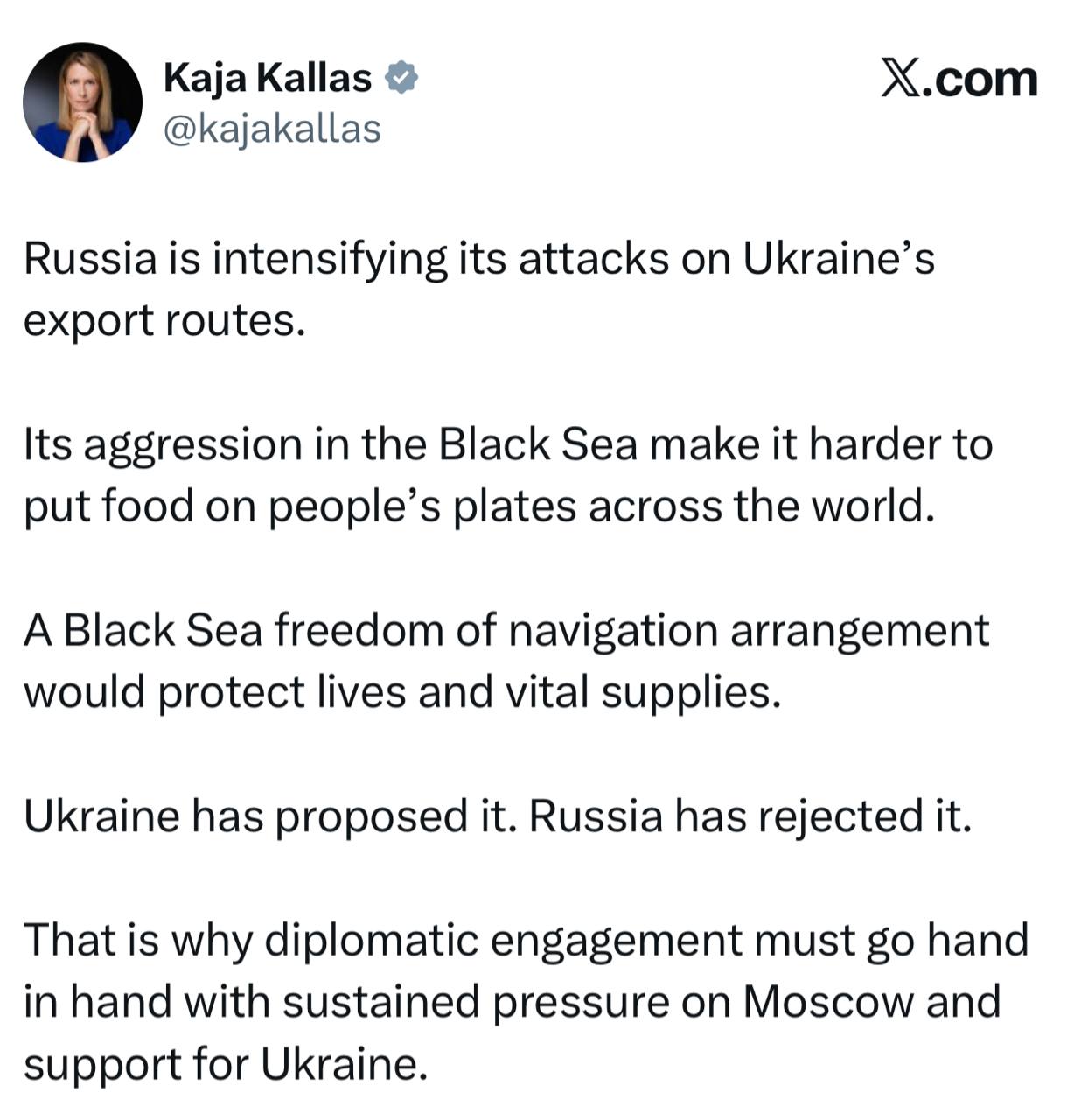 Kallas accusa la Russia di aver sabotato l'accordo sul Mar Nero