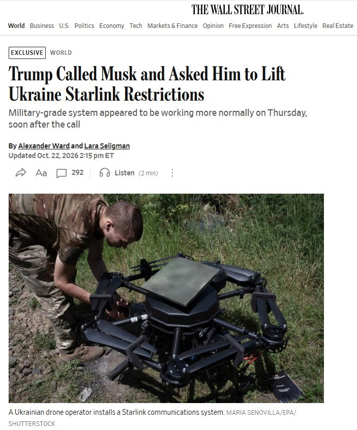 Trump called Musk and asked him to lift Starlink restrictions for Ukraine — The Wall Street Journal