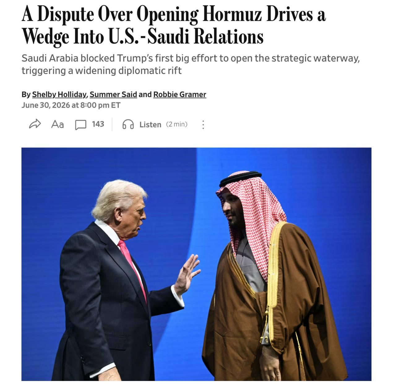 US-Saudi Tensions Rise Over Strait of Hormuz Dispute