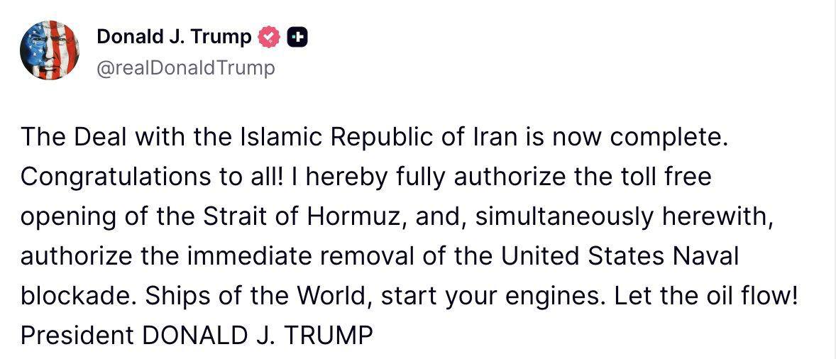 Trump Confirms Deal with Iran, Announces Lifting of Strait of Hormuz Blockade
