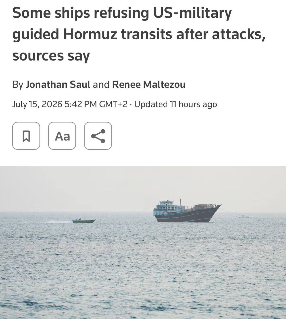 Shipping firms avoid US-recommended Strait of Hormuz route due to Iran attacks