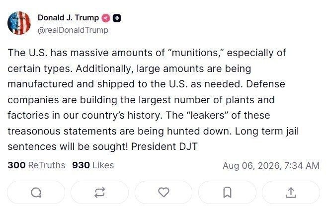 Trump Claims US Has Massive Ammunition Reserves Amid Shortage Rumors