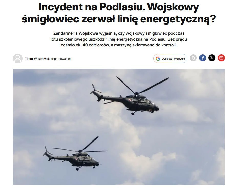Polish military helicopter damages power line, leaving dozens without electricity
