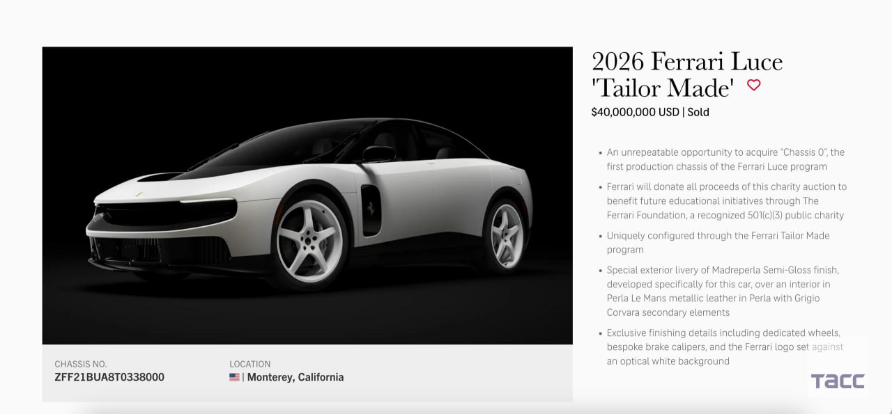 First Ferrari Luce electric car sold at Sotheby's auction for record $40 million